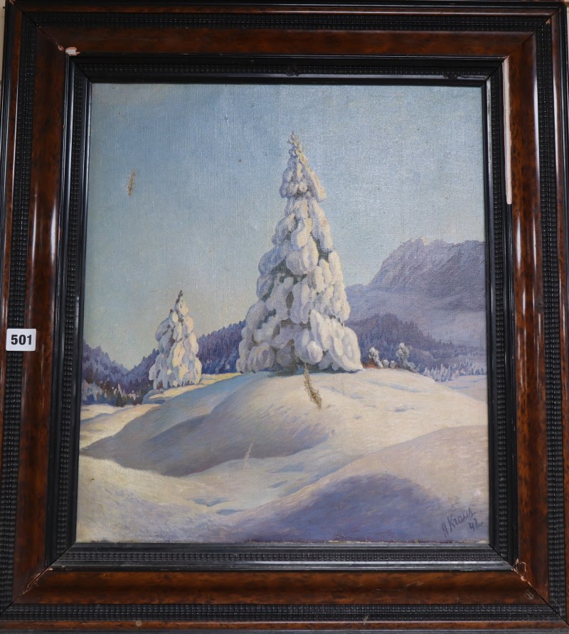 A. Kraus, oil on canvas, Alpine landscape with snow covered pine trees, signed and dated 42, 47 x 40cm